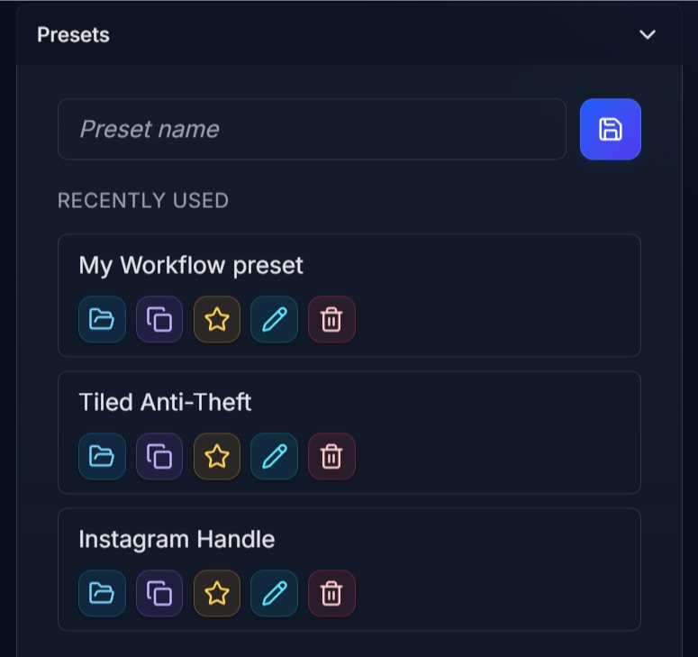 Preset manager for saved watermark setups