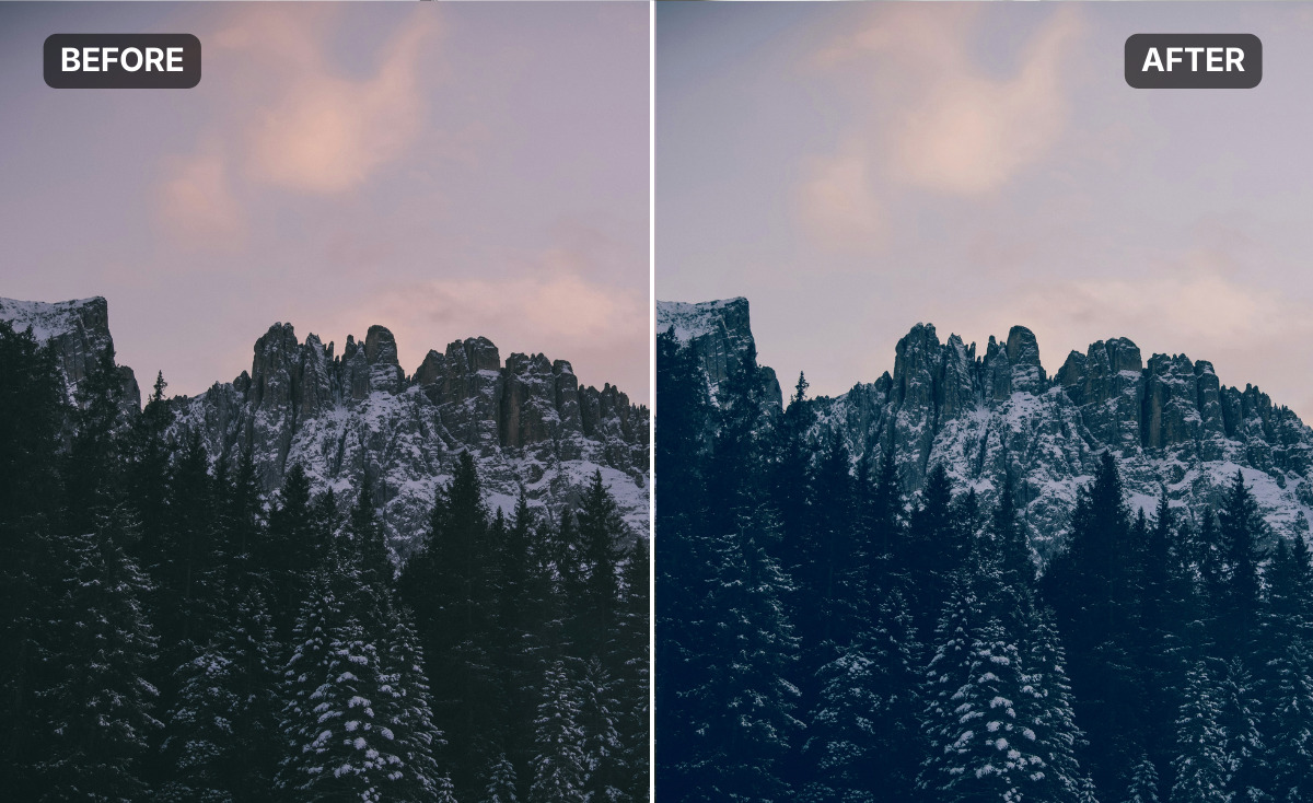 Comparison of a raw mountain photo versus one with the Aged Teal effect