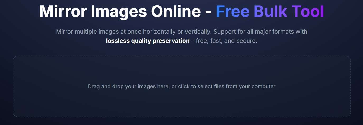 Upload multiple images to ImagiTool bulk mirror tool interface