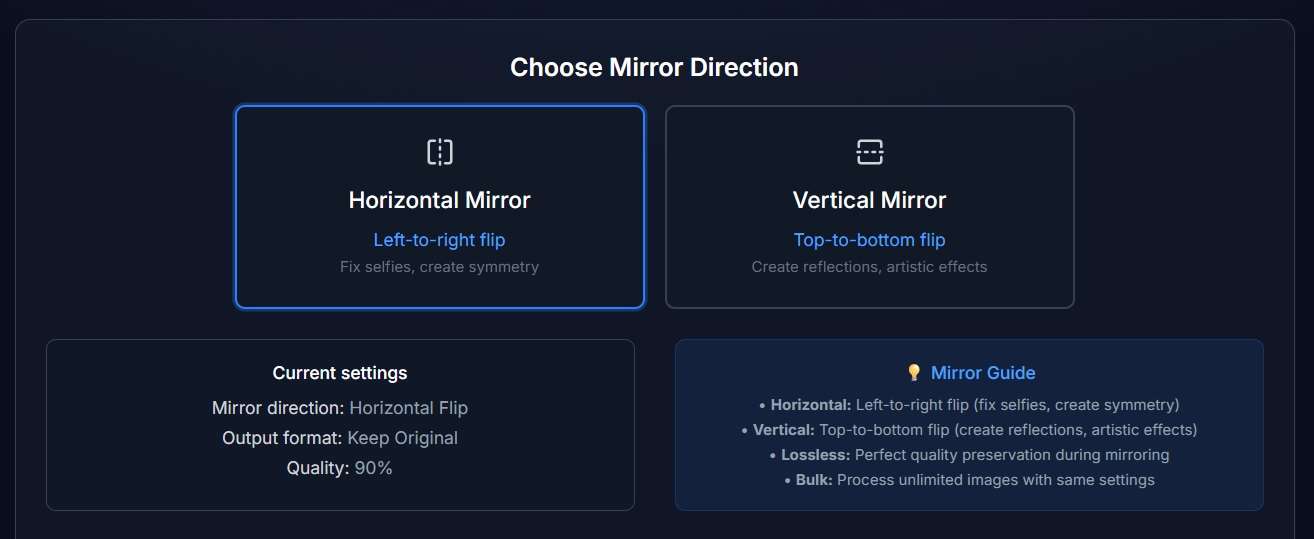 Select mirror direction - horizontal flip, vertical flip, or both directions