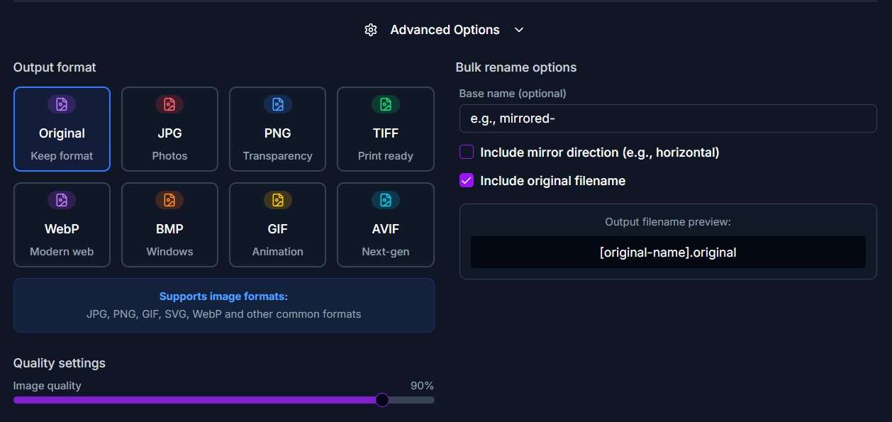 Configure output format, quality settings and bulk rename options for mirrored images