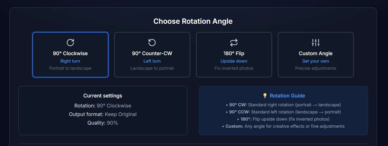 Select rotation angle - 90 degrees clockwise, counterclockwise, 180 degrees or custom angle