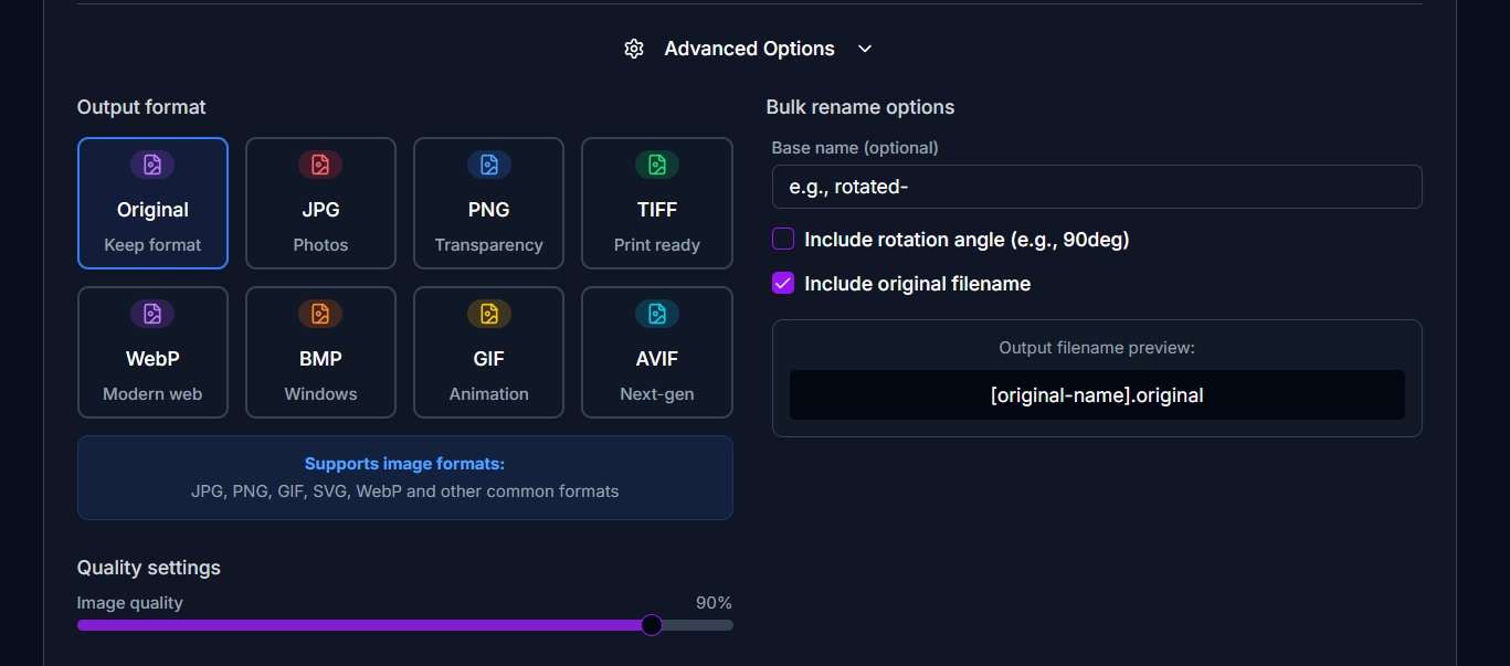 Configure output format, quality settings and bulk rename options