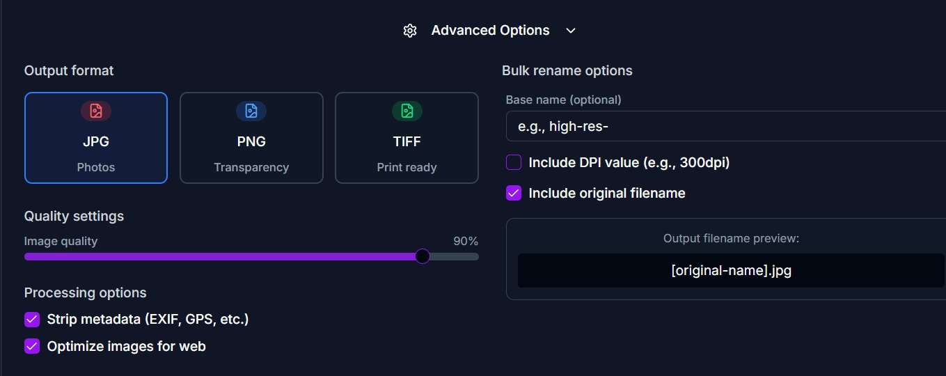 Configure output format, quality, and batch rename