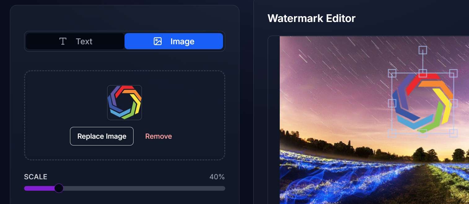 Adjust company logo size, position, and transparency settings