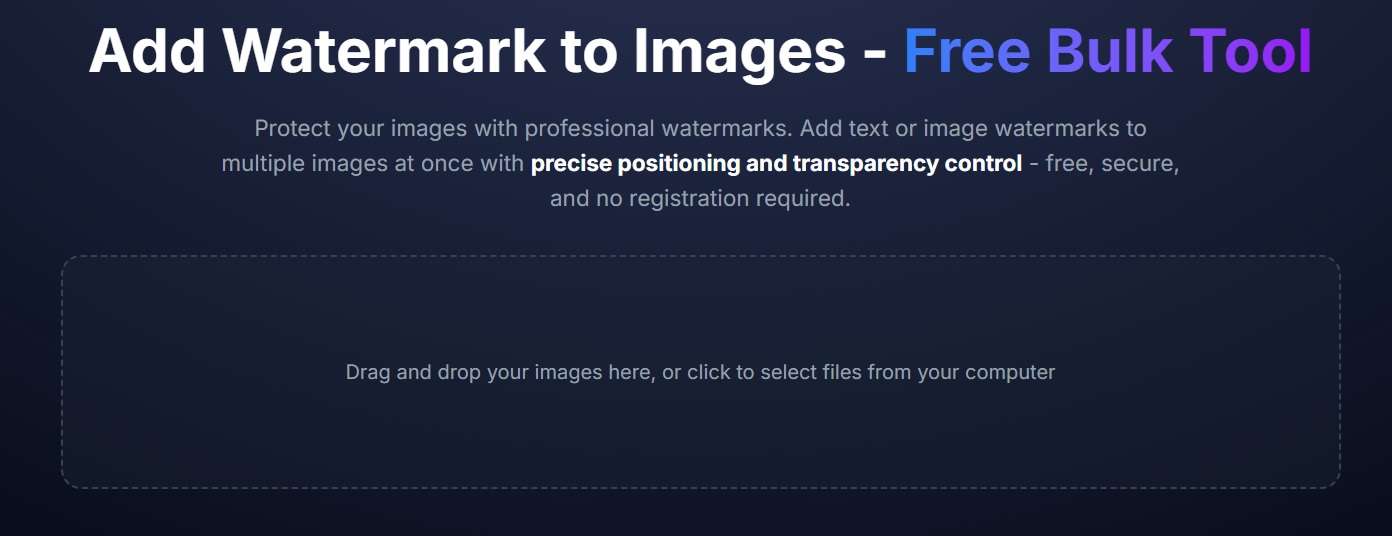 Upload multiple photos to bulk text watermark tool interface