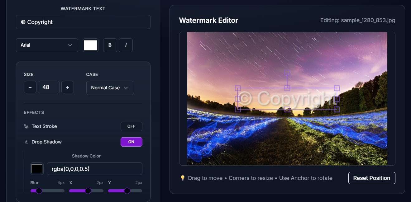Configure text watermark with custom fonts, colors, and copyright text