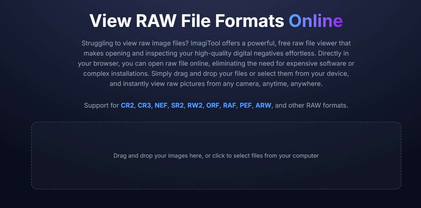 Upload RAW files to ImagiTool RAW photo viewer