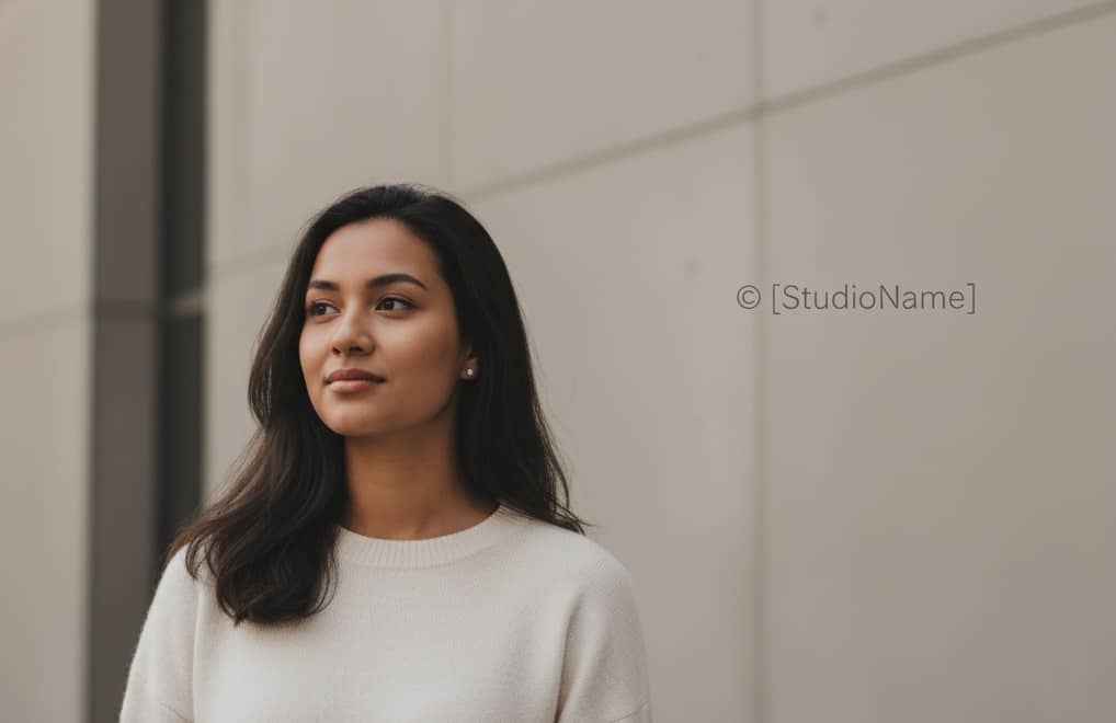 Watermark integrated into negative space near subject